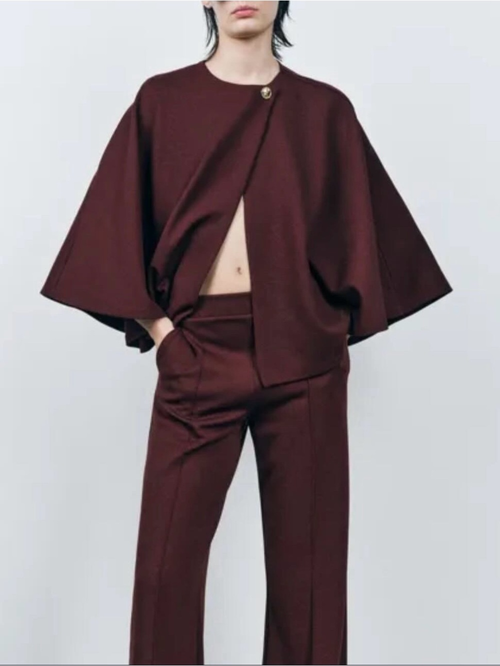 Zara Wine-Colored Cape Blazer with Gold Button